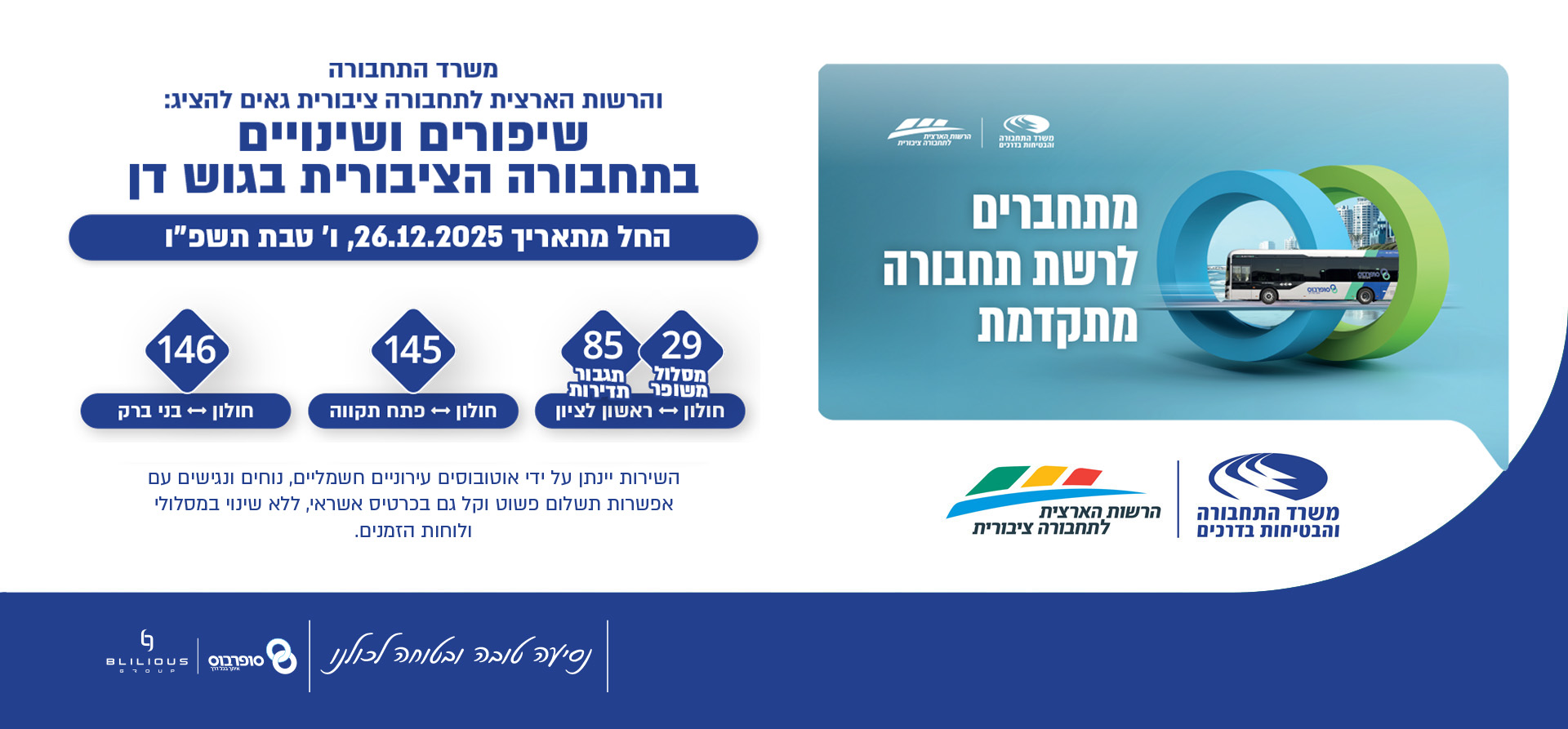 משרד התחבורה והרשות הארצית לתחבורה גאים להציג: שיפורים ושינויים בתחבורה הציבורית בגוש דן החל מתאריך 26/12/2025 ו טבת תשפו. השירות יינתן על ידי אוטובוסים עירוניים חשמליים